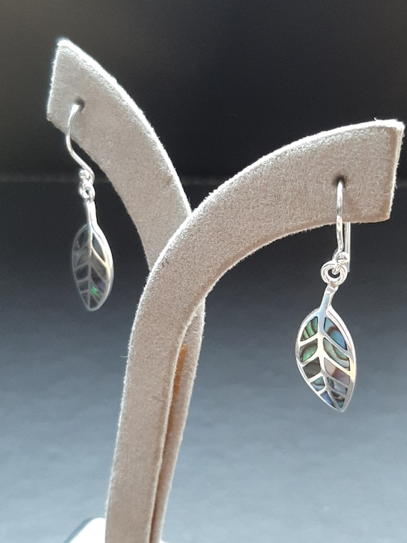 A vintage pair of silver abalone shell leaf drop … - image 2