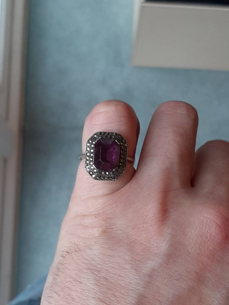 Bague Ancienne Argent Massif Améthyste Marcassites - Taille 58 - Occasion Vintage