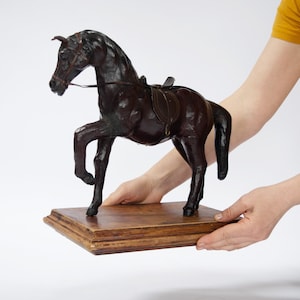 Vintage Leather Horse. Animal home decor. Leather horse statuette. Gift for animal lover. Horse figurine sculpture with saddle and bridle