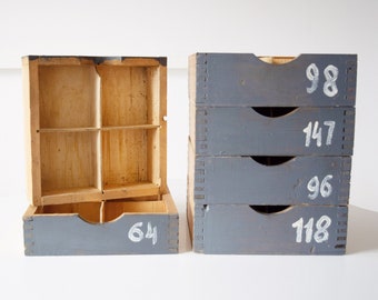 Vintage Gray Wooden Card Catalog Drawer: Industrial Storage Box or Shelf. Set of 6