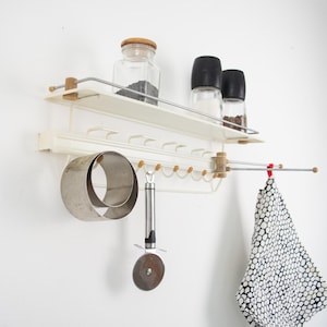 Vintage Kitchen Metal Shelf, White Towel Rack, Industrial Wall Bathroom Hooks, Shelf and Hooks for Bath Towels. Vintage Metal Wall Shelf