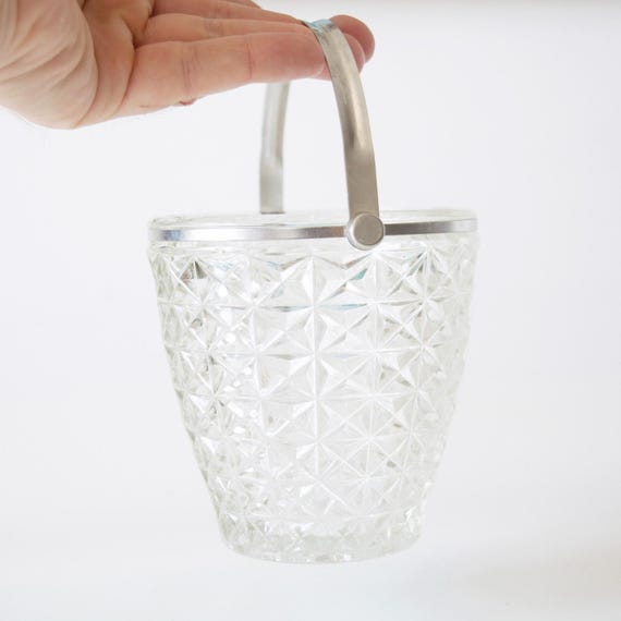 Vintage Crystal Glass Ice Bucket: Retro Barware with Metal Handle