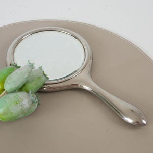 May include: A silver-toned hand mirror with a round reflective surface and a curved handle. The mirror is resting on a light gray surface, with green and yellow seed pods in the foreground.