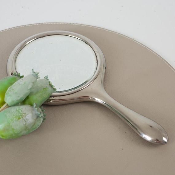 Vintage oval silver hand mirror in Art Nouveau Gothic style