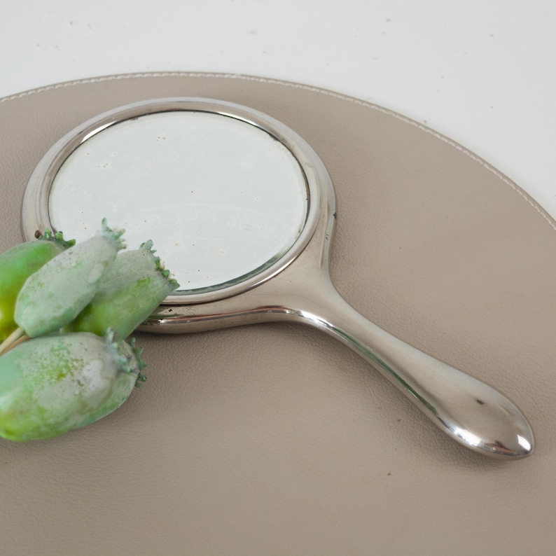 May include: A silver-toned hand mirror with a round reflective surface and a curved handle. The mirror is resting on a light gray surface, with green and yellow seed pods in the foreground.