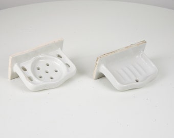 Vintage wall mounted porcelain white soap dish. Ceramic soap holder. Farmhouse bathroom decor. Art Deco replacement.