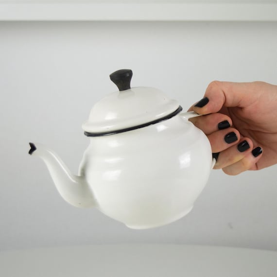 Vintage White Enamelware Teapot: Small Rustic Kitchen Decor