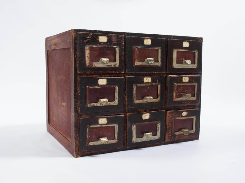 Antique Large 9 Drawer Library Card File Wooden Etsy