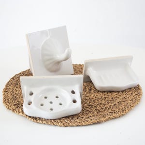 Vintage wall mounted porcelain white soap dish. Ceramic soap holder. Ceramic towel hook. Sponge wall holder. Art Deco replacement.