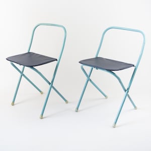 Sillas de viaje vintage, Sillas plegables vintage, Silla de camping de metal de madera azul, Sillas pequeñas industriales, Sillas portátiles, Sillas que ahorran espacio