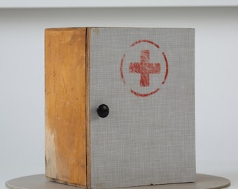 Vintage First Aid Kit, Red Cross, Medical Box, Soviet Wooden Wall