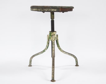 Vintage Industrial Swivel Stool: Green Tripod Base, Old Wood Seat