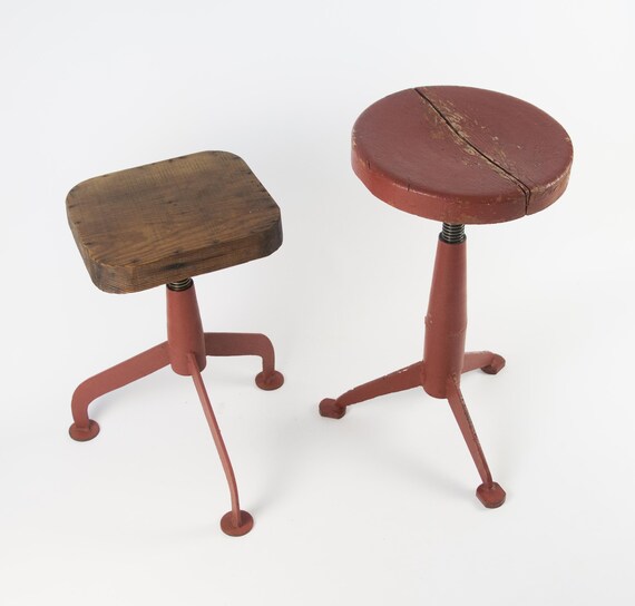 Vintage Industrial Metal Swivel Stool: Adjustable Factory Stool with Wooden Seat