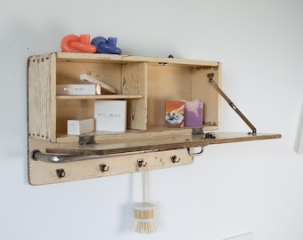 Vintage Bath Medicine Cabinet or Rustic Kitchen Wall Shelf with Hooks and Towel Rack