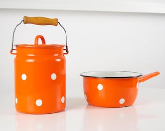 Vintage USSR Orange Polka Dot Enamel Pots: Milk Jug and Saucepan, 1980s