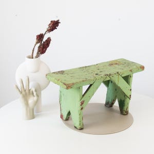 Vintage Wooden Milking Stool: Rustic Green Farmhouse Furniture