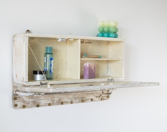 Vintage Wooden Bathroom or Kitchen Wall Cabinet with Metal Hooks, Towel Rack and Shelves
