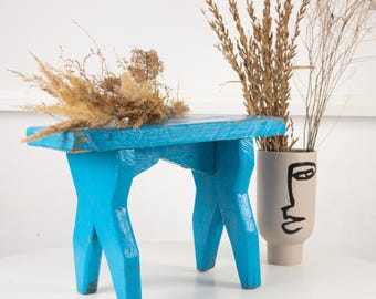 Vintage Blue Wooden Milking Stool: Rustic Primitive Plant Stand