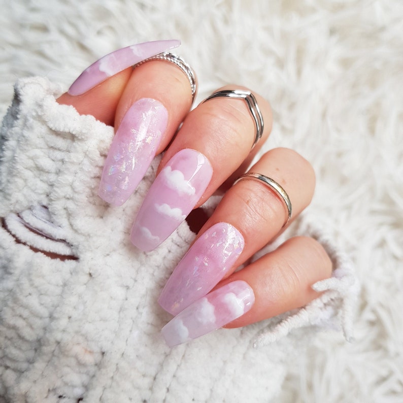 Faux ongles rose clair nuages ongles à coller press on | Etsy
