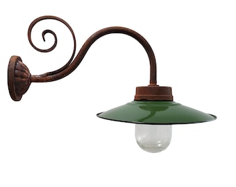 French Barn lamp with enamel shade and wrought iron curl.