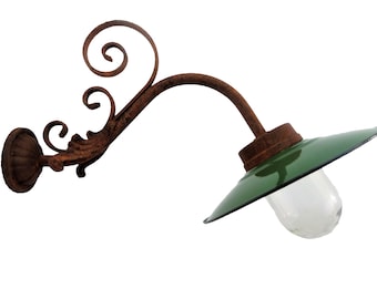 French Barn lamp with enamel shade and wrought iron decoration.