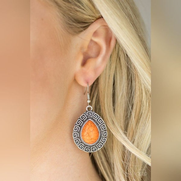 Paparazzi Jewelry Tribal Tango Orange Cracklestone and Silver Statement Earrings