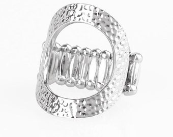 Paparazzi Jewelry, Silver Stretchy Ring, Tour de Contour, Open Circle, Wide Back, Statement Ring