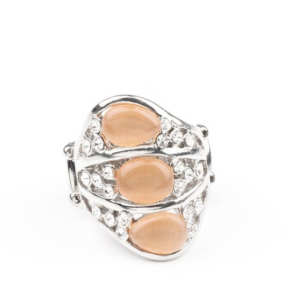 Paparazzi Jewelry, Peach Moonstone Stretchy Ring, Wide Back Ring with White Rhinestones