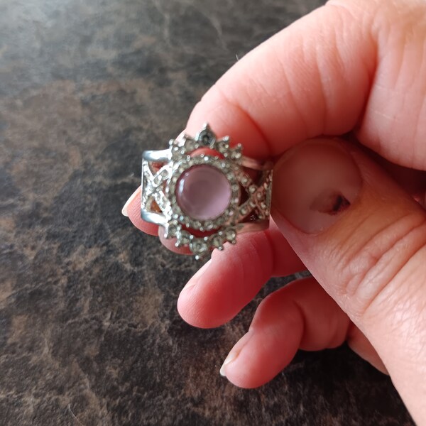 Paparazzi Jewelry, Pink Stretchy Ring, Decedently Dreamy, Moonstone, Cat's Eye, Rhinestone, Wide Back, Statement Ring