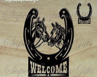 Signe de bienvenue svg,cheval svg,tête de cheval svg,fer à cheval svg,art mural en métal,Cowboy svg,fichiers cnc dxf,cheval png,western svg,cheval dxf gravure