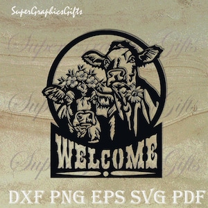 Vache svg, signe de bienvenue DXF CNC, fichier dxf pour laser, fichier SVG pour Cricut, Silhouette dxf, svg animal de ferme, fichier dxf pour plasma, décor de ranch fleur