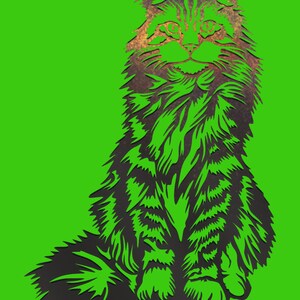 May include: A black and white silhouette of a cat sitting with its tail curled behind it. The cat has a long, fluffy tail and a large head with big, round eyes. The background is a solid green color.