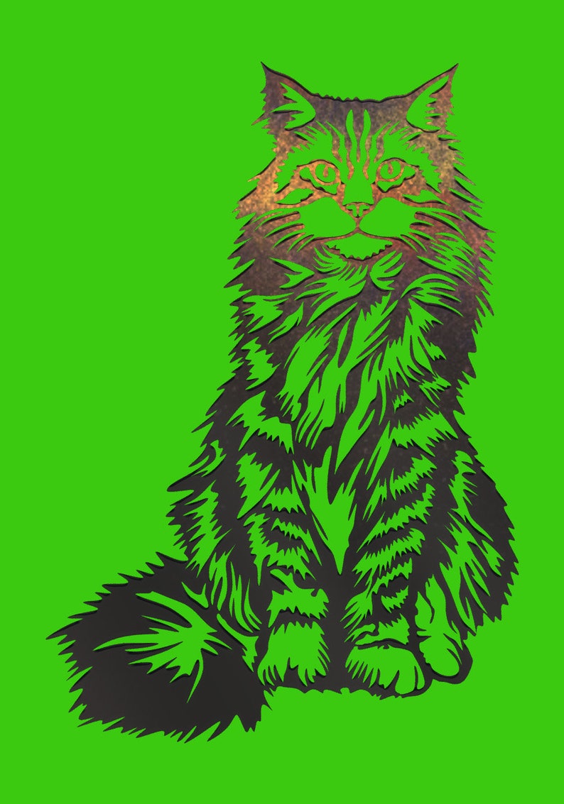 May include: A black and white silhouette of a cat sitting with its tail curled behind it. The cat has a long, fluffy tail and a large head with big, round eyes. The background is a solid green color.