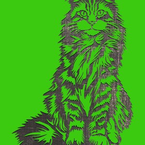 May include: A black and white illustration of a long-haired cat sitting with its tail curled behind it. The cat has a textured, wood-like appearance.