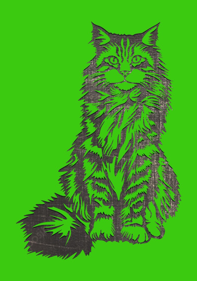 May include: A black and white illustration of a long-haired cat sitting with its tail curled behind it. The cat has a textured, wood-like appearance.