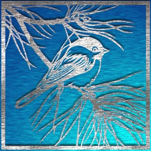 May include: A silver-colored, laser-cut bird perched on a branch, set against a vibrant blue background. The artwork features intricate details of the bird and foliage, framed within a silver border. The blue background has a brushed metal texture.