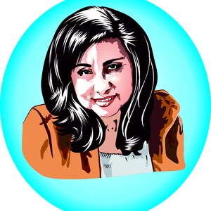 May include: A woman with long black hair is wearing a brown jacket and a white shirt. She is smiling and looking at the camera.