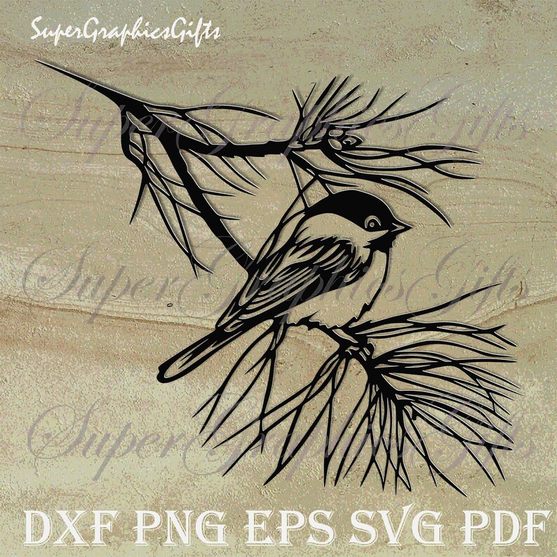 May include: Black and white illustration of a bird perched on a branch. The bird is detailed with a black head and back, and a white chest. The branch is also black, with a textured background. The image includes the text "SuperGraphicsGifts" and file type options.
