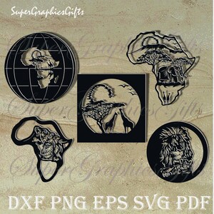 Puede incluir: Cinco diseños de silueta en blanco y negro de animales y paisajes africanos. Los diseños incluyen un globo terráqueo con África resaltada, una jirafa y árboles, un león, un elefante y un mapa de África con un león.