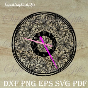 Сlock svg, svg horloge fleur, horloge murale fleur, horloge murale cnc unique, svg horloge cnc, horloge découpée au laser, cadran svg, horloge numérique, horloge de bureau