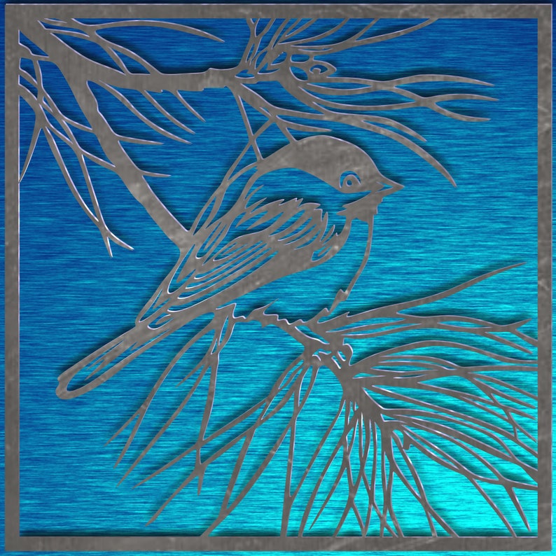 May include: A metal art piece featuring a bird perched on a branch, set against a textured blue background. The bird and branches are cut from metal, creating a silhouette effect. The artwork is framed in a square.