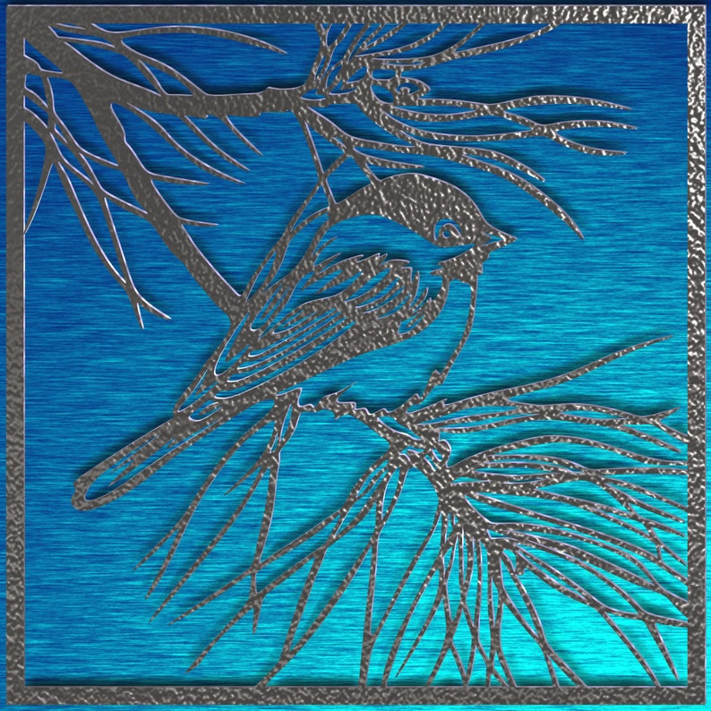May include: A silver-colored bird and branch design against a blue background. The bird is perched on a branch with pine needles. The image has a square frame with a textured border.