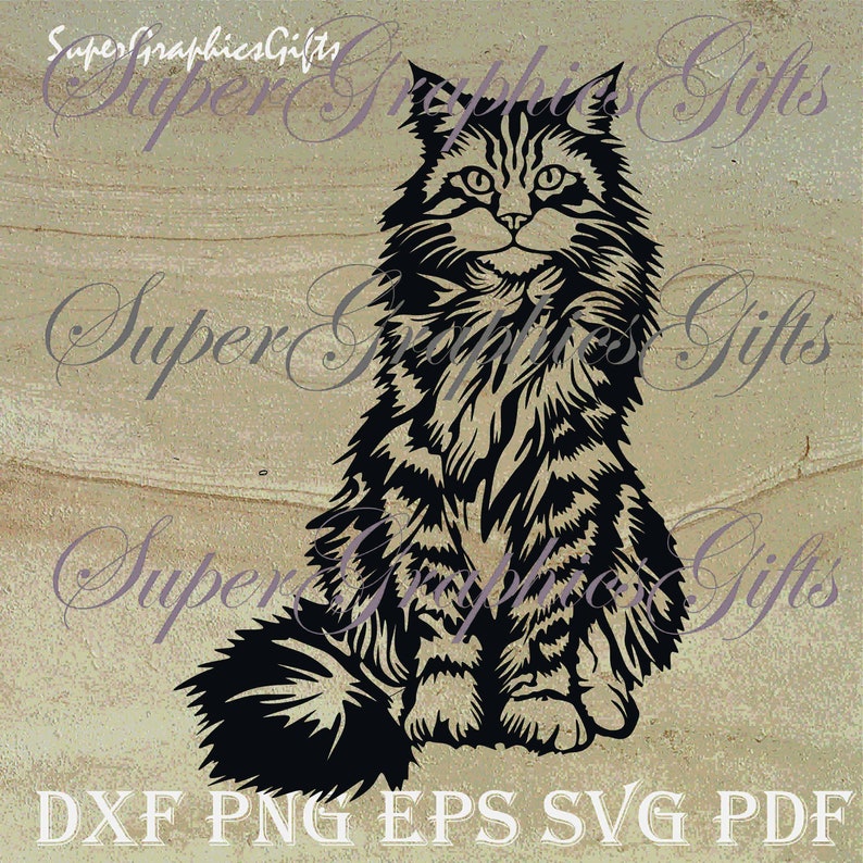 May include: Black and white silhouette of a long-haired cat sitting with its tail curled around its legs. The cat has a fluffy tail and a long, pointed face.