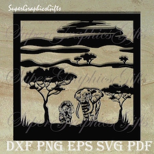 May include: Black and white silhouette of two elephants walking through a savanna landscape with trees. The larger elephant has its trunk raised and the smaller elephant is walking behind it. The background is a stylized depiction of a sunset sky with clouds.