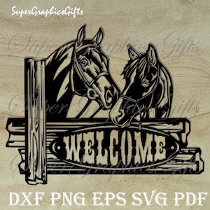 Sinal de boas-vindas dxf, cavalo svg, cabeça de cavalo svg, arquivos svg de cavalo, arte de parede de metal, Cowboy svg, arquivos cnc dxf, cavalo png, svg ocidental, gravura em dxf de cavalo