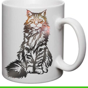 May include: White ceramic mug with a black and white silhouette of a Maine Coon cat sitting on the front.