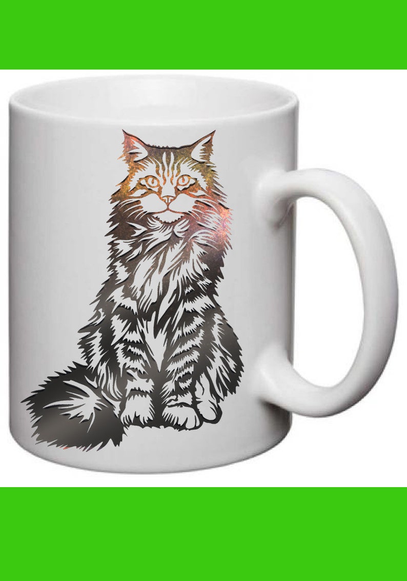 May include: White ceramic mug with a black and white silhouette of a Maine Coon cat sitting on the front.