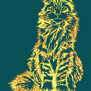 May include: A golden silhouette of a cat sitting with its tail curled around its legs. The cat has a long, fluffy tail and a thick coat of fur. The background is a deep teal color.