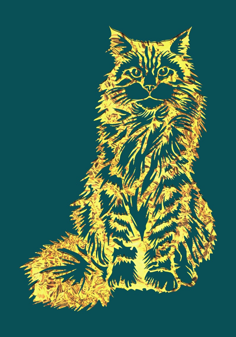 May include: A golden silhouette of a cat sitting with its tail curled around its legs. The cat has a long, fluffy tail and a thick coat of fur. The background is a deep teal color.