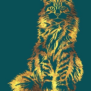 May include: A gold silhouette of a long-haired cat sitting with its tail curled around its legs against a teal background.